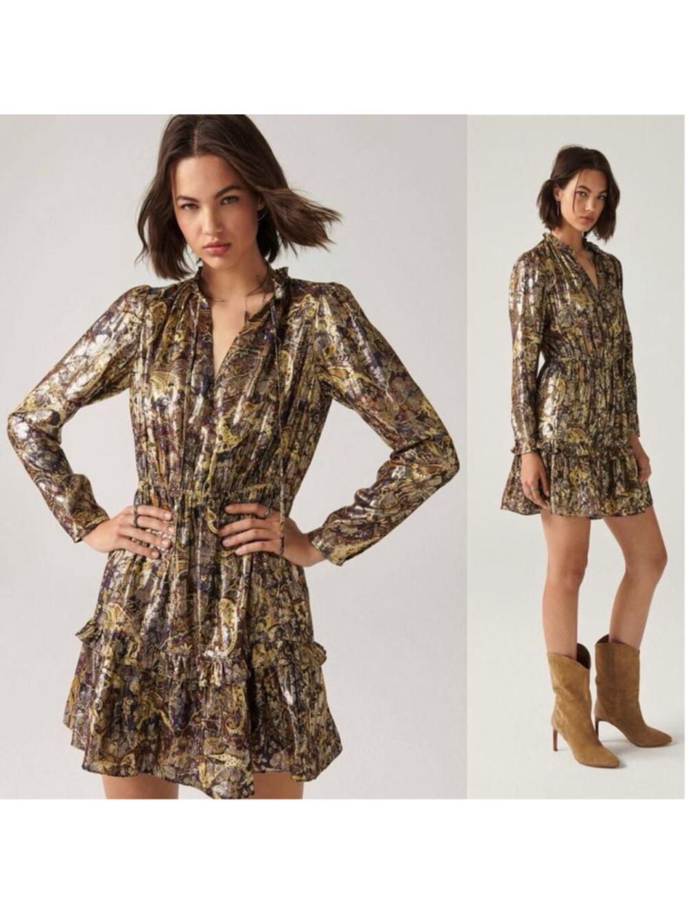 BA&SH Capi Floral Metallic Paisley Ruffle Collar Mini Dress L